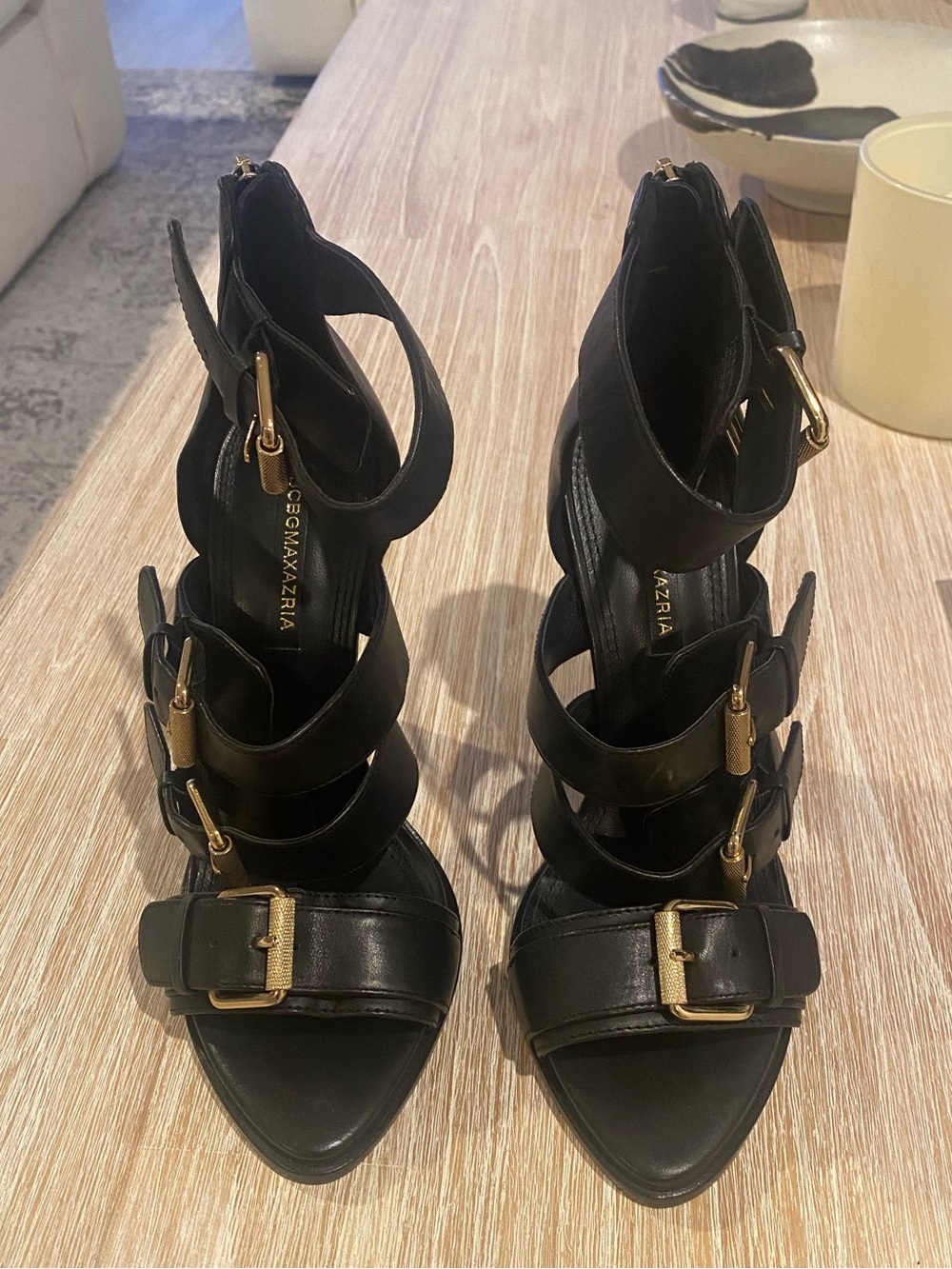 BCBG MAXAZRIA Black and Gold Buckle Gladiator heels